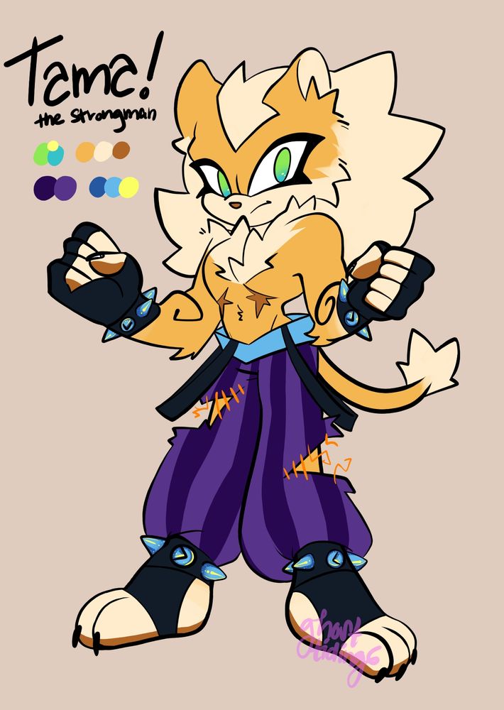 A yellow lion with a white mane and paws and brown paw pads. He has star-shaped top scars and a vaguely star shaped mane. He is wearing a ripped pair of purple striped pants and spike bracelets on his wrists and ankles. He's in a horse stance and his name "Tama" and color palette are in the top left corner. 
