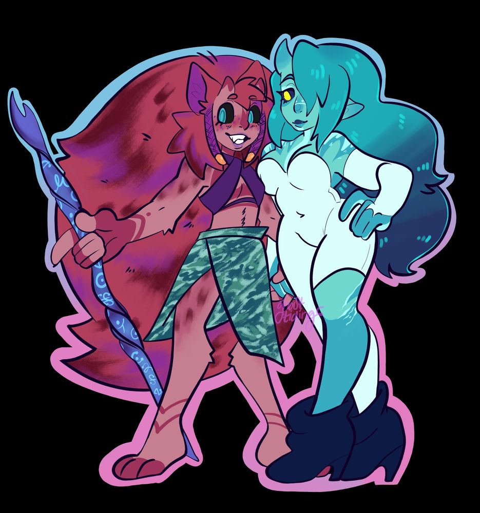 Two alien women standing close to each other and holding hands. The pink cat is standing more openly with a big smile and holding a purple-blue stick and the blue green ocean alien has her hand on her hip, looking at the cat alien lovingly. 