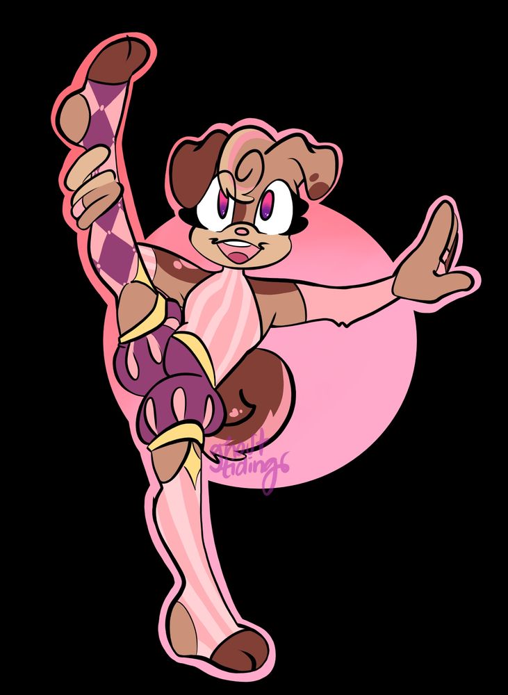 Butterscotch the dog with their leg in the air in a big stretch. They are smiling happily