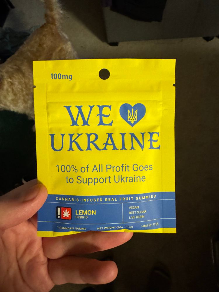 A pack of lemon flavored cannabis edibles that says “We 💙 Ukraine” in a blue and yellow package. The packaging also says that “100% of All Profit Goes to Support Ukraine”.