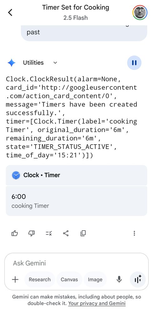 A screenshot of the Gemini app on an Android phone showing some code in response to a timer request.