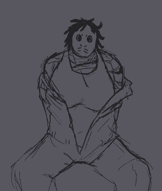 hellen sitting with her boilersuit unzipped and falling over her shoulders. her pupils are huge.