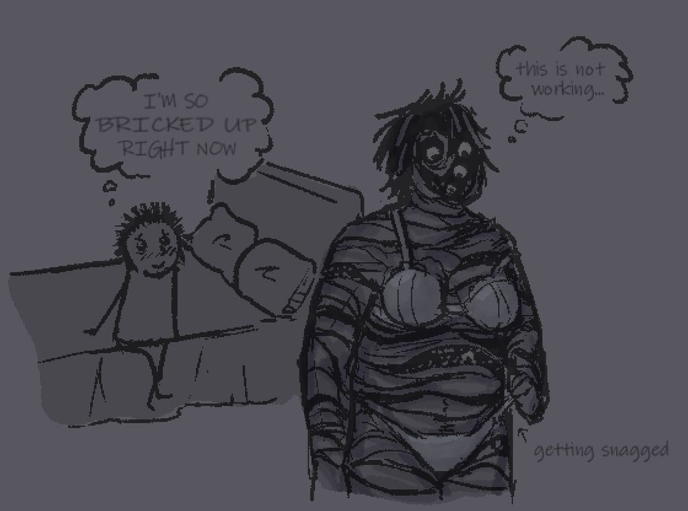 hellen in her undergarments, snagged on her body's seams and teeth, thinking "this is not working." behind her sam is waiting so patiently on the bed, thinking "I'M SO BRICKED UP RIGHT NOW"