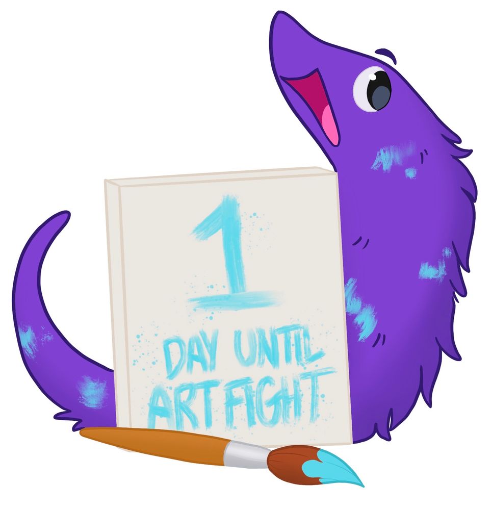 Artwork by Vamp (https://artfight.net/~Vampiiric)

A purple Wormston with splatters of light blue paint on his fur. He has a very happy, excited expression.
In the centre of the image, in front of Wormston, a white board with the text '1 day until Art Fight' can be seen. 
In front of the board is a single paintbrush.