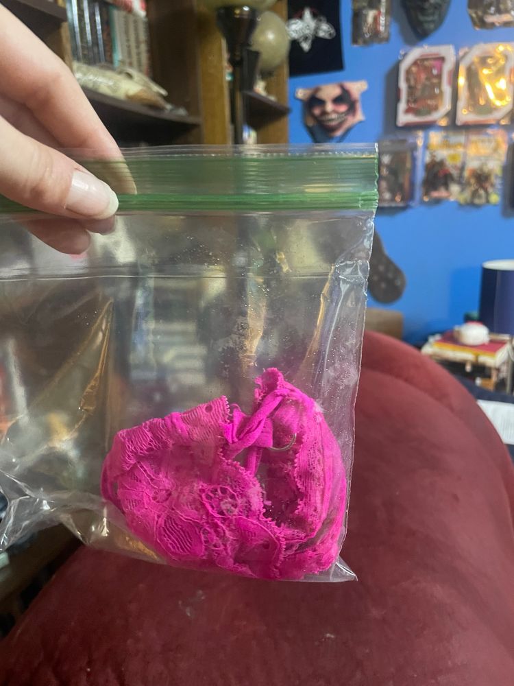 A pair of pink panties are in a zip lock bag. A red chair and wrestling memorabilia can be seen in the background 