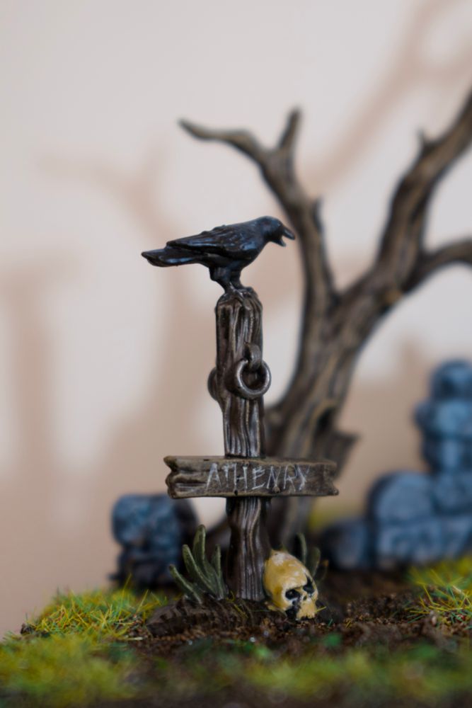 A closeup of the sign with the crow. The sign says “Athenry” which is an Irish place name I found which had good mouthfeel and I could write in the space. 