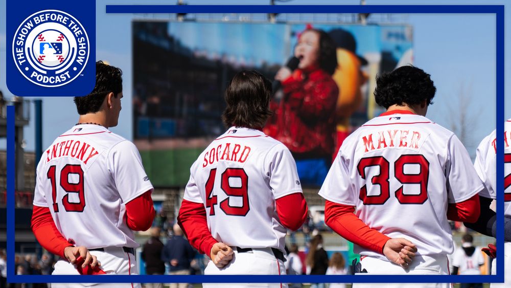 Roman Anthony, Nick Sogard, Marcelo Mayer listen to the national anthem during Opening Day in Worcester. The logo for The Show Before the Show appears in the top-left corner.
