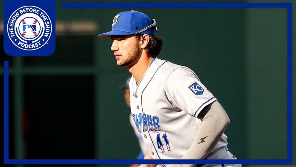 Jac Caglianone plays first base while wearing an Omaha Storm Chasers gray road uniform. The logo for The Show Before the Show appears in the top-left corner.