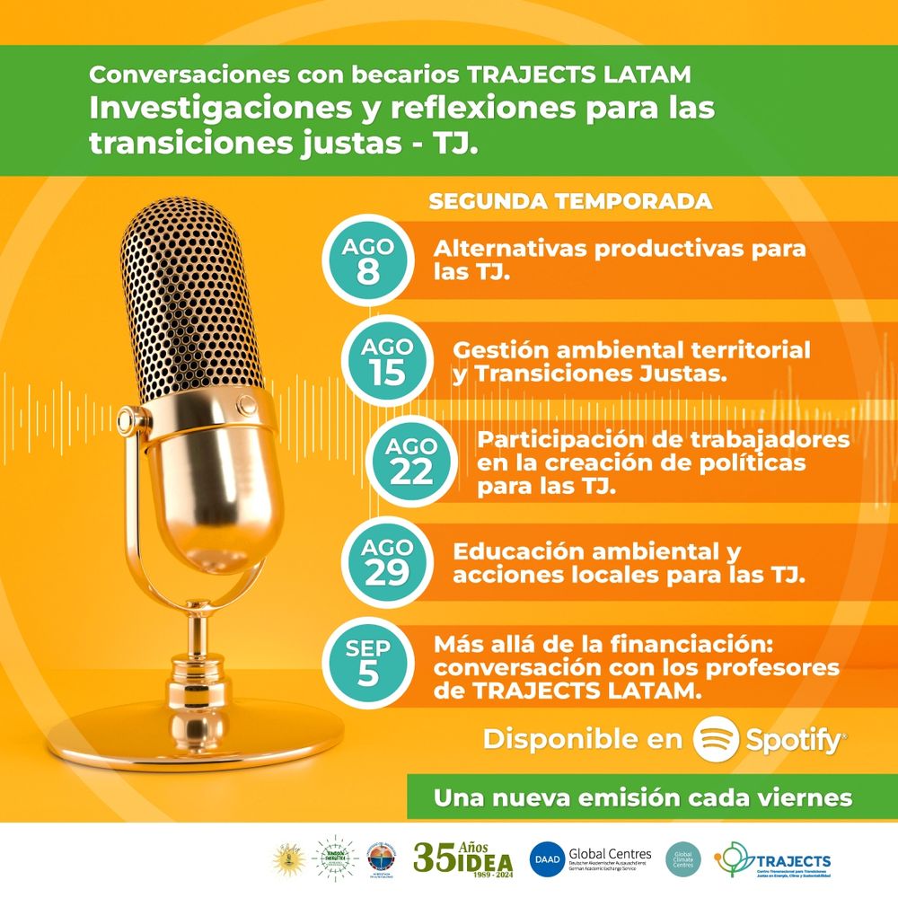 📢 ¡Estamos de vuelta!

Nos complace anunciar el lanzamiento de la segunda temporada de nuestro podcast: "Conversaciones con becarios TRAJECTS LATAM". A partir del 8 de agosto, nuestros talentosos becarios compartirán sus investigaciones y reflexiones sobre áreas clave para un futuro sostenible y equitativo.

Acompáñanos cada viernes en Spotify para explorar temas como:

8 de agosto: Alternativas productivas para las TJ.

15 de agosto: Gestión ambiental territorial y Transiciones Justas.

22 de agosto: Participación de trabajadores en la creación de políticas.

29 de agosto: Educación ambiental y acciones locales.

5 de septiembre: Más allá de la financiación: una conversación con los profesores de TRAJECTS LATAM.

¡No te pierdas estas conversaciones fundamentales para el desarrollo de nuestra región!

Encuéntranos en Spotify 👉 https://open.spotify.com/show/4POScBDeq1JTQgPqRHTm1K?si=7ee686a2e1ef4ed4

#TransiciónJusta #JustTransition #AméricaLatina #Sostenibilidad #DesarrolloSostenible #PolíticaAmbiental #Investigación #Podcast #TRAJECTS #LATAM