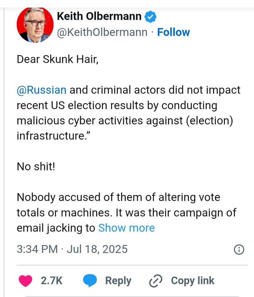 Keith Oberman offers "No shit!" to Tulsi Gabbard on X.