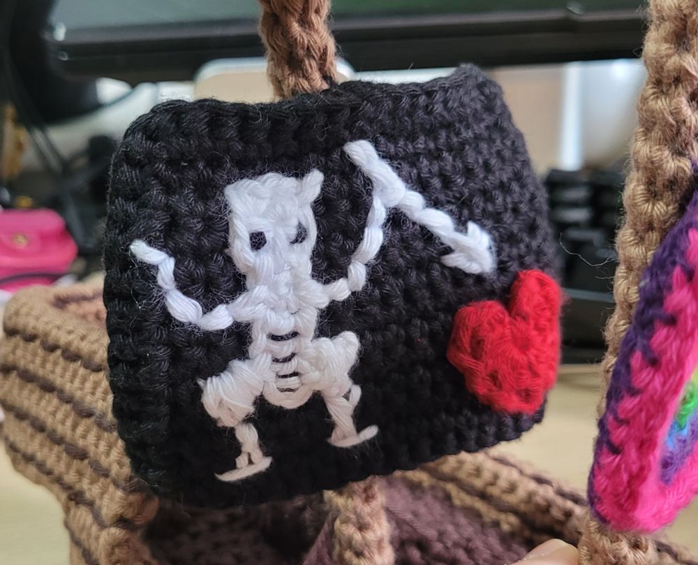 A close up of Blackbeard's crocheted flag.