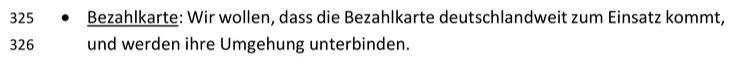 Ausschnitt aus Sondierungspapier: "Bezahlkarte: Wir wollen, dass die Bezahlkarte deutschlandweit zum Einsatz kommt, und werden ihre Umgehung unterbinden."