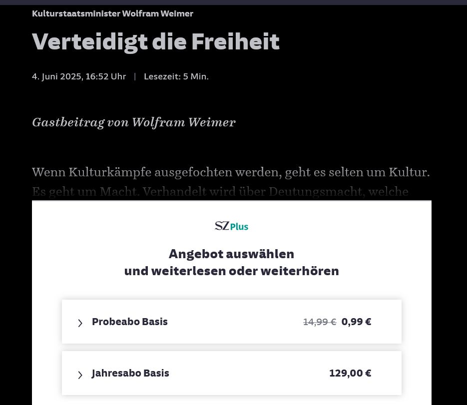 Verteidigt die Freiheit, Gastbeitrag von Wolfram Weimer in der SZ. Wer den Text lesen will, muss der SZ Geld für ein Abo bezahlen.