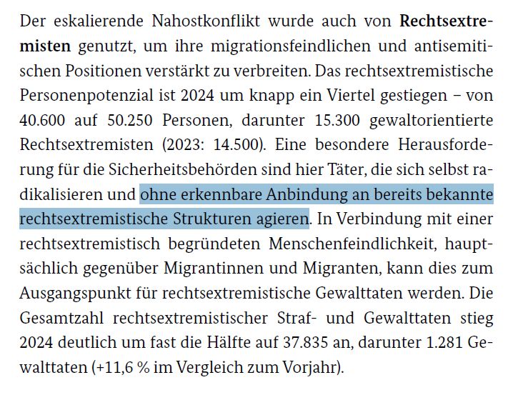 Der eskalierende Nahostkonflikt wurde auch von Rechtsextremisten genutzt, um ihre migrationsfeindlichen und antisemitischen Positionen verstärkt zu verbreiten. Das rechtsextremistische Personenpotenzial ist 2024 um knapp ein Viertel gestiegen – von 40.600 auf 50.250 Personen, darunter 15.300 gewaltorientierte Rechtsextremisten (2023: 14.500). Eine besondere Herausforderung für die Sicherheitsbehörden sind hier Täter, die sich selbst radikalisieren und ohne erkennbare Anbindung an bereits bekannte rechtsextremistische Strukturen agieren. In Verbindung mit einer rechtsextremistisch begründeten Menschenfeindlichkeit, hauptsächlich gegenüber Migrantinnen und Migranten, kann dies zum Ausgangspunkt für rechtsextremistische Gewalttaten werden. Die Gesamtzahl rechtsextremistischer Straf- und Gewalttaten stieg 2024 deutlich um fast die Hälfte auf 37.835 an, darunter 1.281 Gewalttaten (+11,6 % im Vergleich zum Vorjahr).