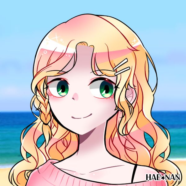 The image is made from a PicCrew by user Hae-Nan. A Cauacasion young woman stands in front of a clear sky + oceanic background, standing atop sand you can see continues being her. She has golden curly blonde hair and deep green eyes, and she has two white bobby pins pinning back part of her left bangs. She is wearing an off-the-shoulder coral pink blouse, from which there is a black spaghetti strap visible on her exposed left shoulder. Her expression is receptive and warm. 