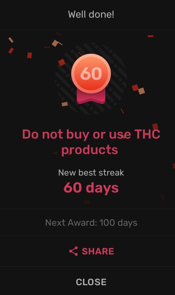 Screenshot of the app Habit now showing a 60 day streak for the habit "do not buy or use THC products"