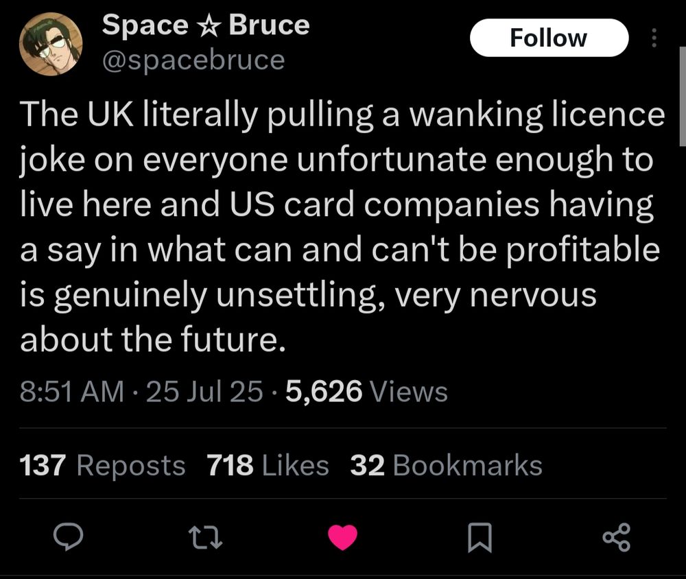 Tweet from user @/space Bruce which reads "The UK literally pulling a wanking licence joke on everyone unfortunate enough to live here and US card companies having a say in what can and can't be profitable is genuinely unsettling, very nervous about the future."