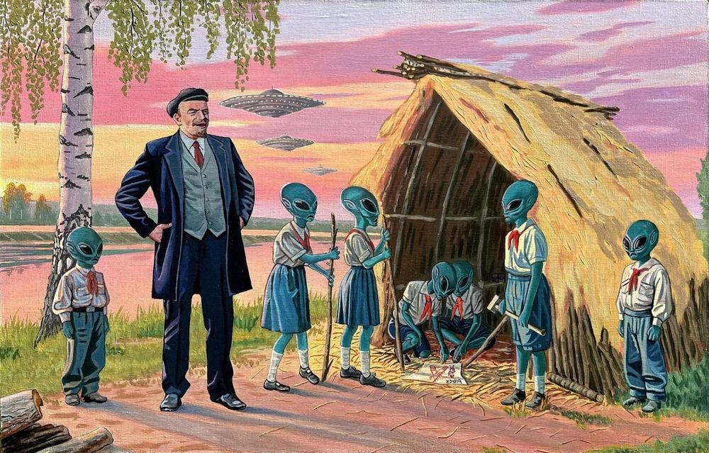 Vladimir Lenin watches aliens in scouting uniforms construct a straw hut at sunset. Flying Saucers are in the background
