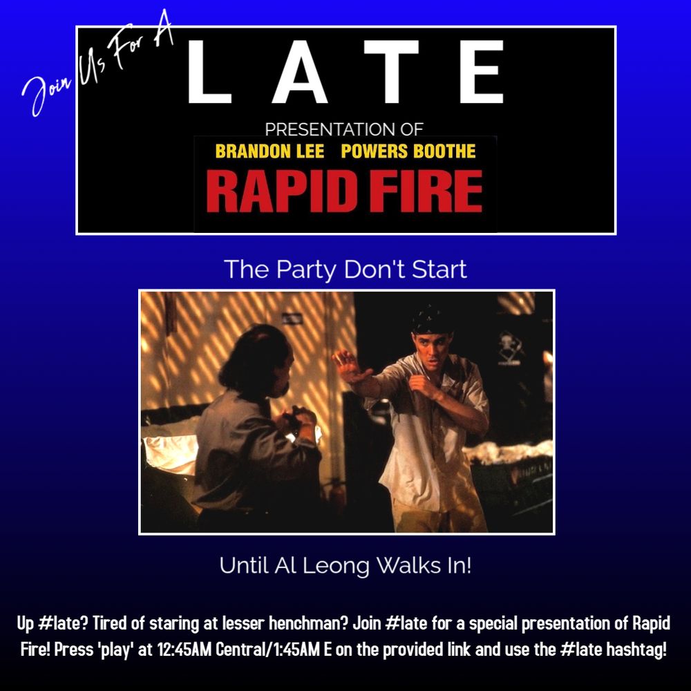 Promo for a #late presentation of Rapid Fire at 12:45AM Central