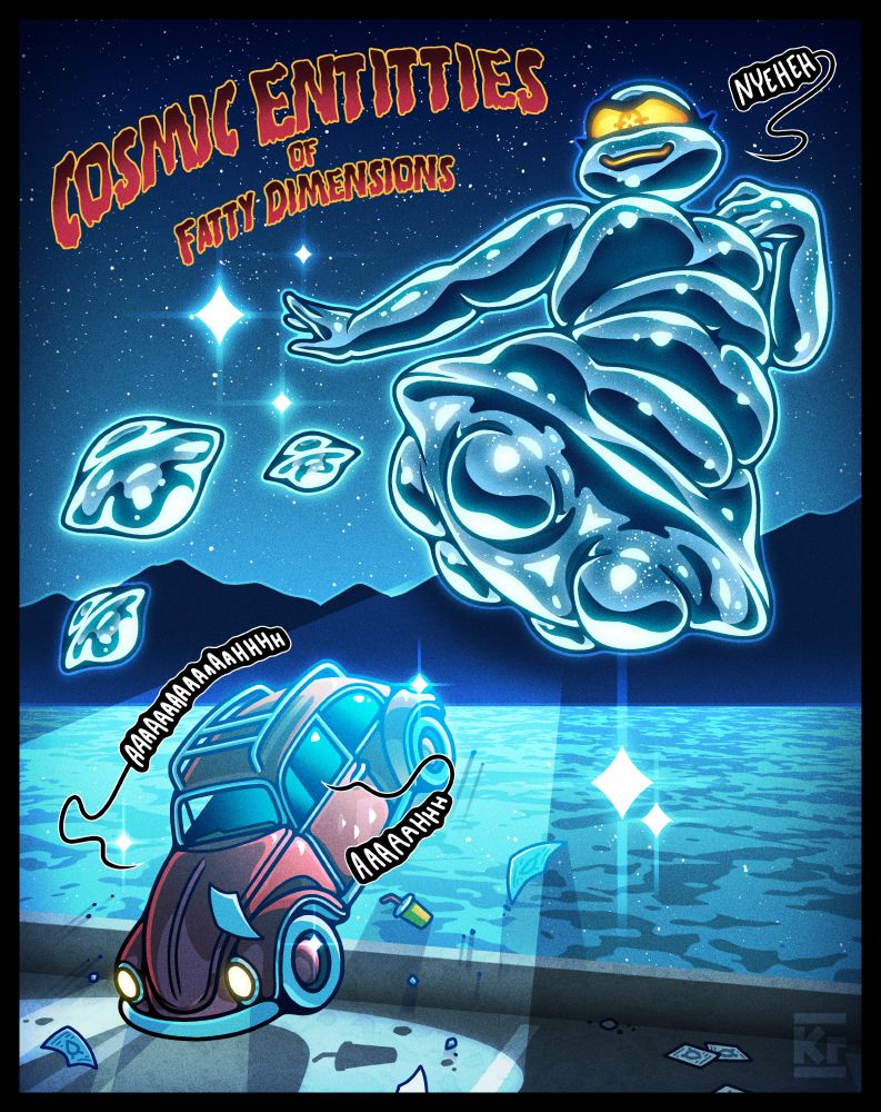 A curvy chrome UFO/alien character comically abducting a couple that was smooching in their car at night. All subsequent versions just alternate the text, title, add custom a vintage poster filter, or open the UFO's "port" for the abduction lol