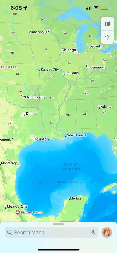 Screenshot from Apple Maps, more zoomed out, shows “Gulf of America”