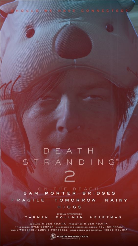A Photomode Poster of Death Stranding 2: On The Beach with Norman Reedus in the Otter Hood smiling, there is a red hue on the bottom