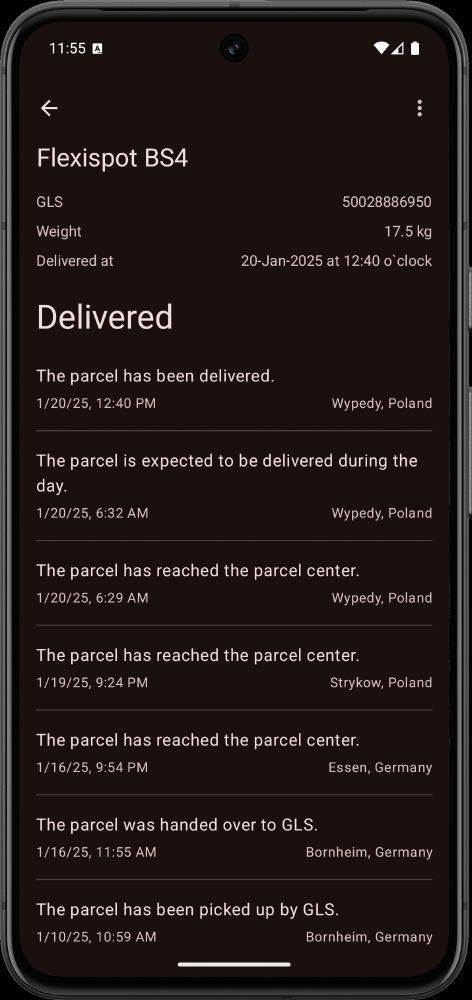 a phone screenshot, showing a delivered parcel's detailed information.
