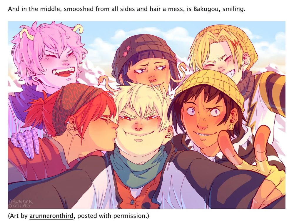 An embedded illustration featuring Bakugou from My Hero Academia taking a selfie surrounded by his friends. They're all bundled in warm clothes with snowy mountains in the background.