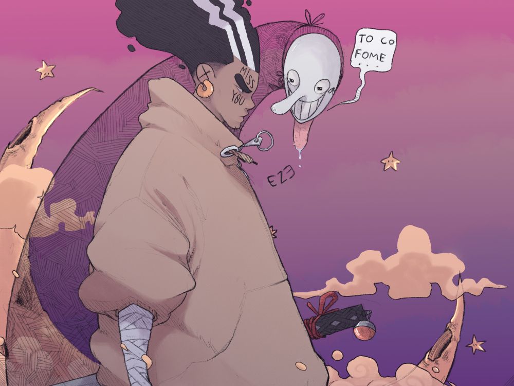 ilustração 2d de @lu323n mostrando um espadachim de perfil, de olhos fechados, em frente ao céu roxo, enquanto um fantasma esguio transparente com uma máscara sorridente fala pra ele "to co fome" num balãozinho de fala