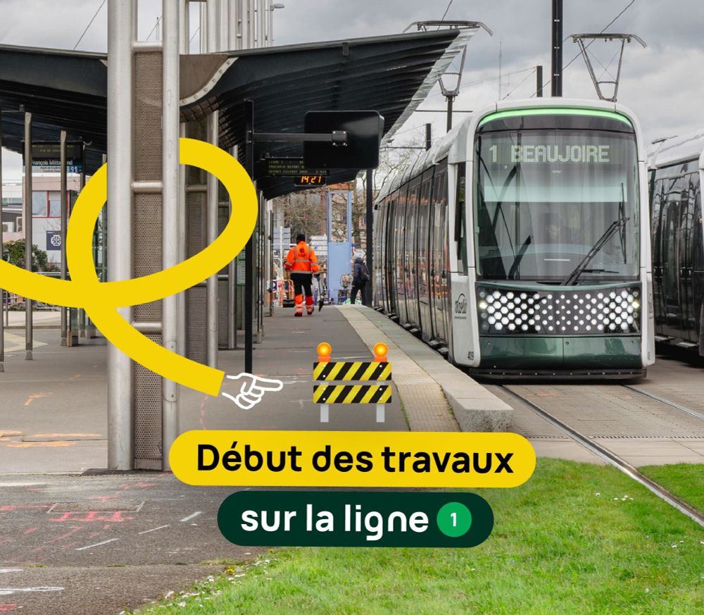 Un tramway dernière génération Naolib, avec girouette indiquant "Ligne 1, Beaujoire".
Un texte "Début des travaux" sur fond jaune est en bas de l'image. Juste en dessous de ce texte, un texte "sur la ligne 1" est écrit sur fond vert foncé.
