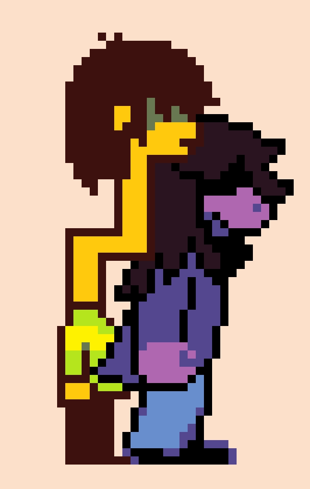 Kris and Susie from Deltarune, but Kris has a somewhat slightly long neck to reach Susie's head to rest on.