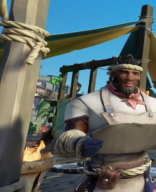 A cropped screenshot from a recent Sea of Thieves news video, where the signage on the entrance behind a pirate has been defaced with red paint of strange symbols.