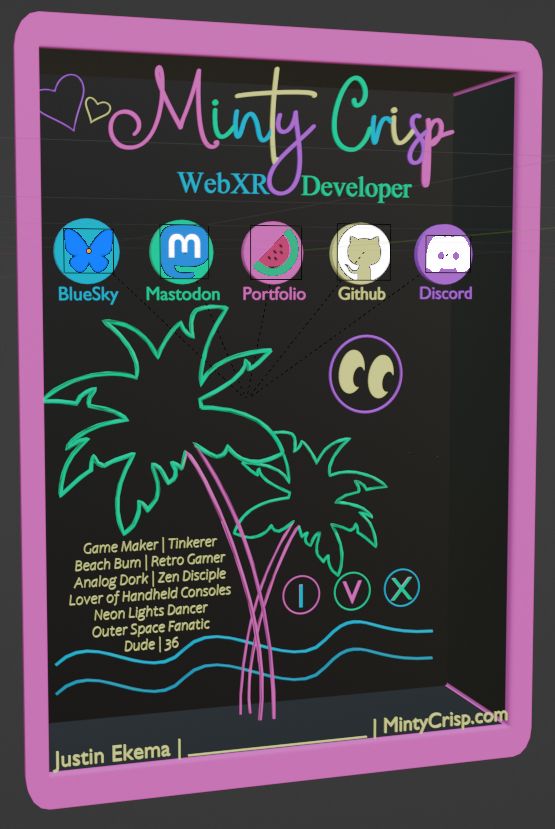 An angled preview of the 3D trading card design layout to be used. Similar to many html about me landing pages, except being in 3D. Featuring neon sign outlines background of a nighttime beach with minor profile based info displayed.