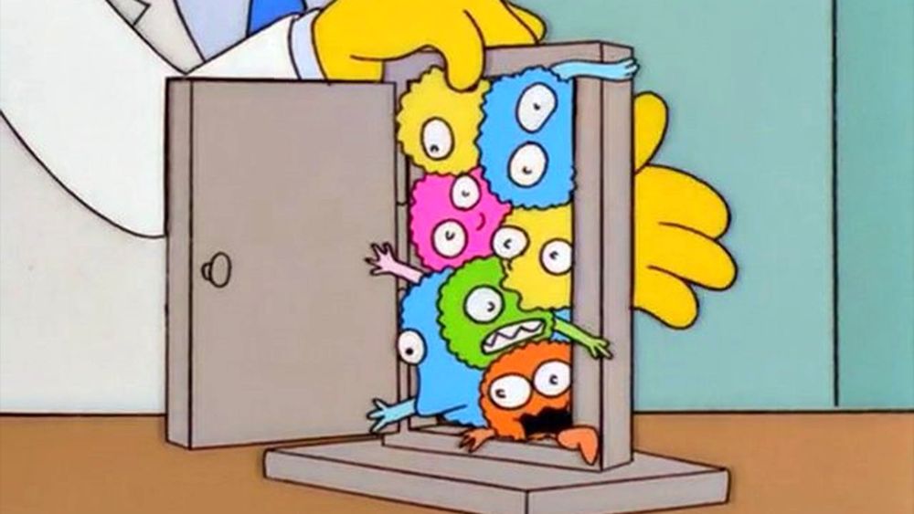 A screenshot from the simpsons tv show that shows a tiny doorway with the doctor trying to push through too many little fuzzy creatures at the same time and none will pass through.