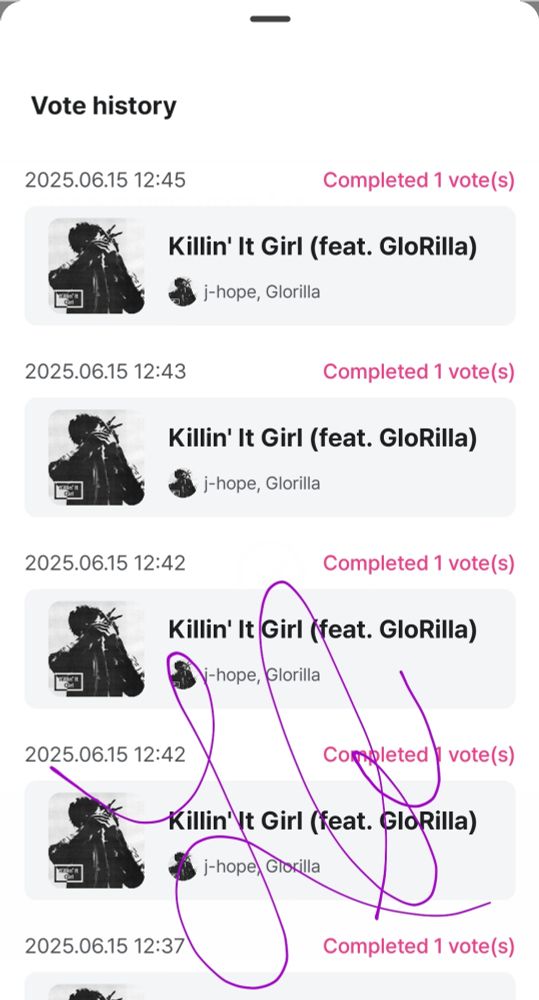 Screenshot from Mnet: Voting History - 5x for Killin' It Girl (feat. GloRilla) by J-hope of BTS