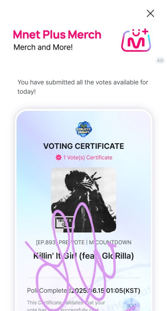 Mnet Voting Certificate - Killing It Girl