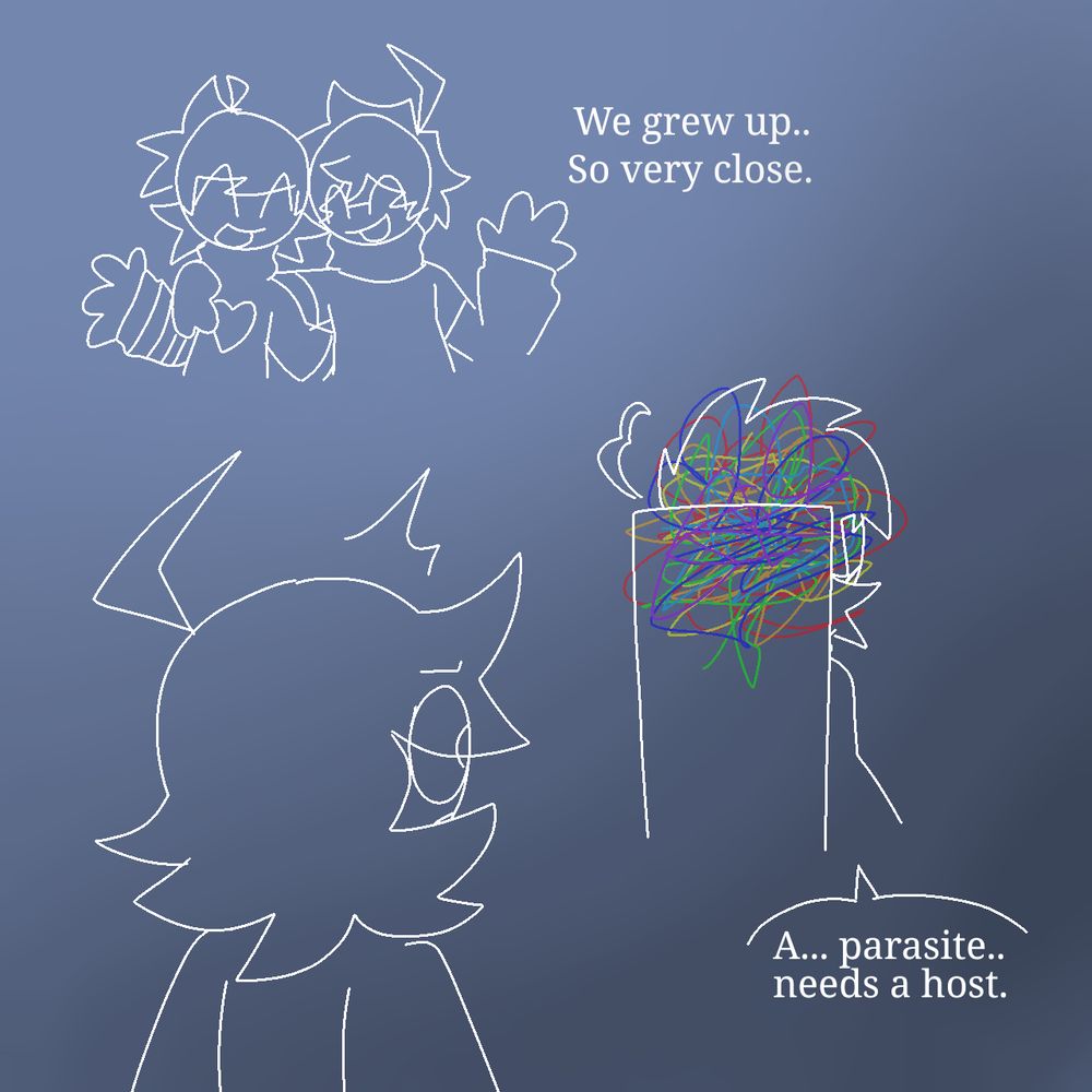 An artwork of dave and muko, the drawing on upper left shows them both when they were young. Sentence that say "We grew up.. so very close." The next drawing on the bottom shows them much older where dave is facing away with muko saying "A... Parasite.. needs a host." With muko looking at him in confusion