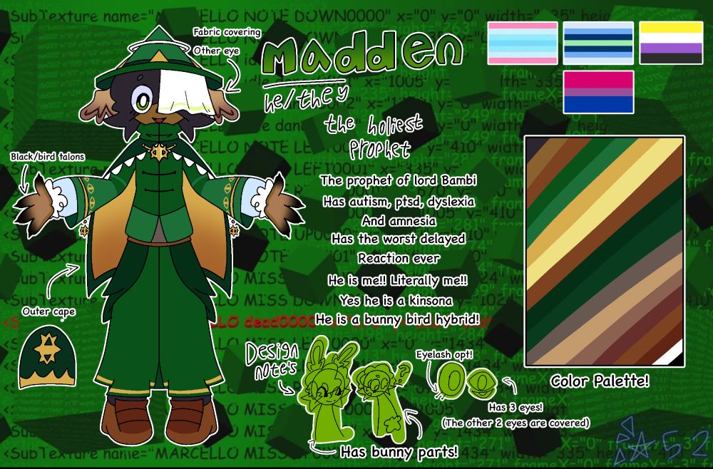 A reference sheet of my madden headcanon design