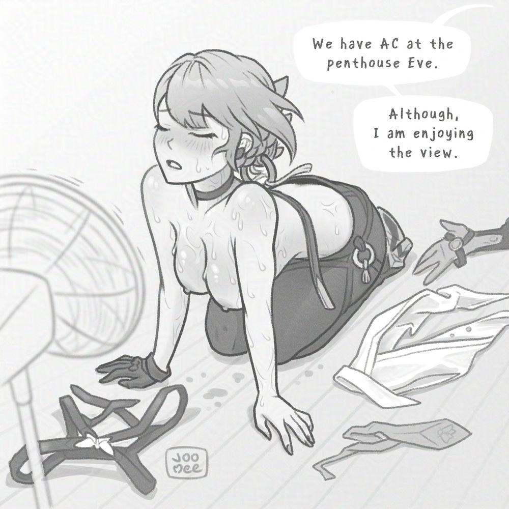 evelyn from zenless zone zero kneeling on all fours in front of a fan topless. she is sweating so much and trying to cool down