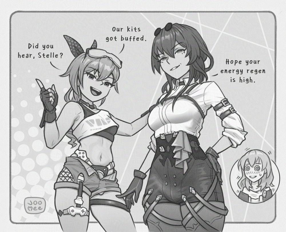 black and white illustration of silverwolf and kafka standing together with teasing, bold looks as they looking down at stelle. in the corner in an iset panel is stelle with wide eyes and a flustered expression