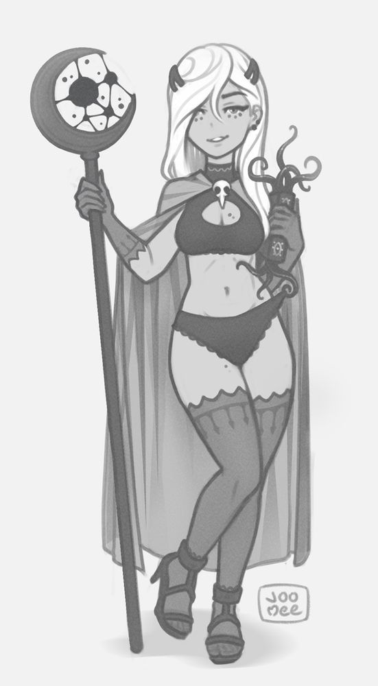 greyscale drawing of a witch who has a staff and grimoire with tentacles coming out of it.
