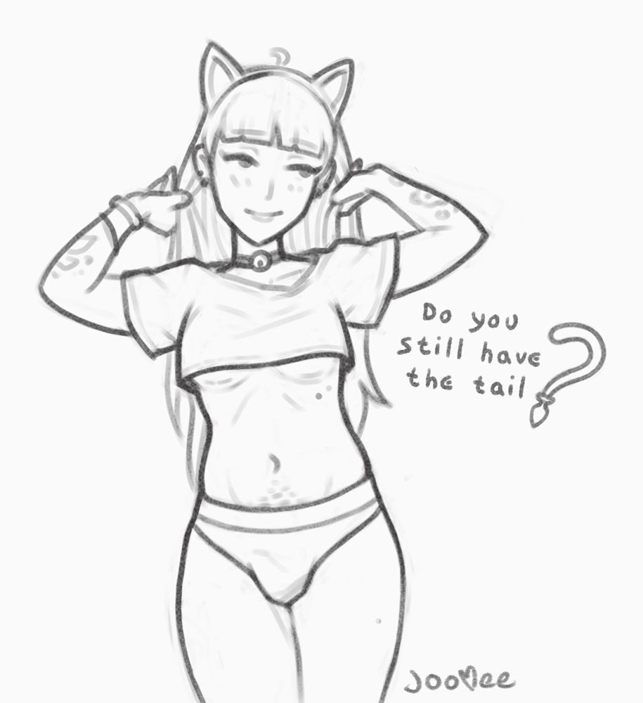 sketch of a transfem catgirl with long hair, cat ears, and a choker, standing confidently in a cropped t-shirt and panties.