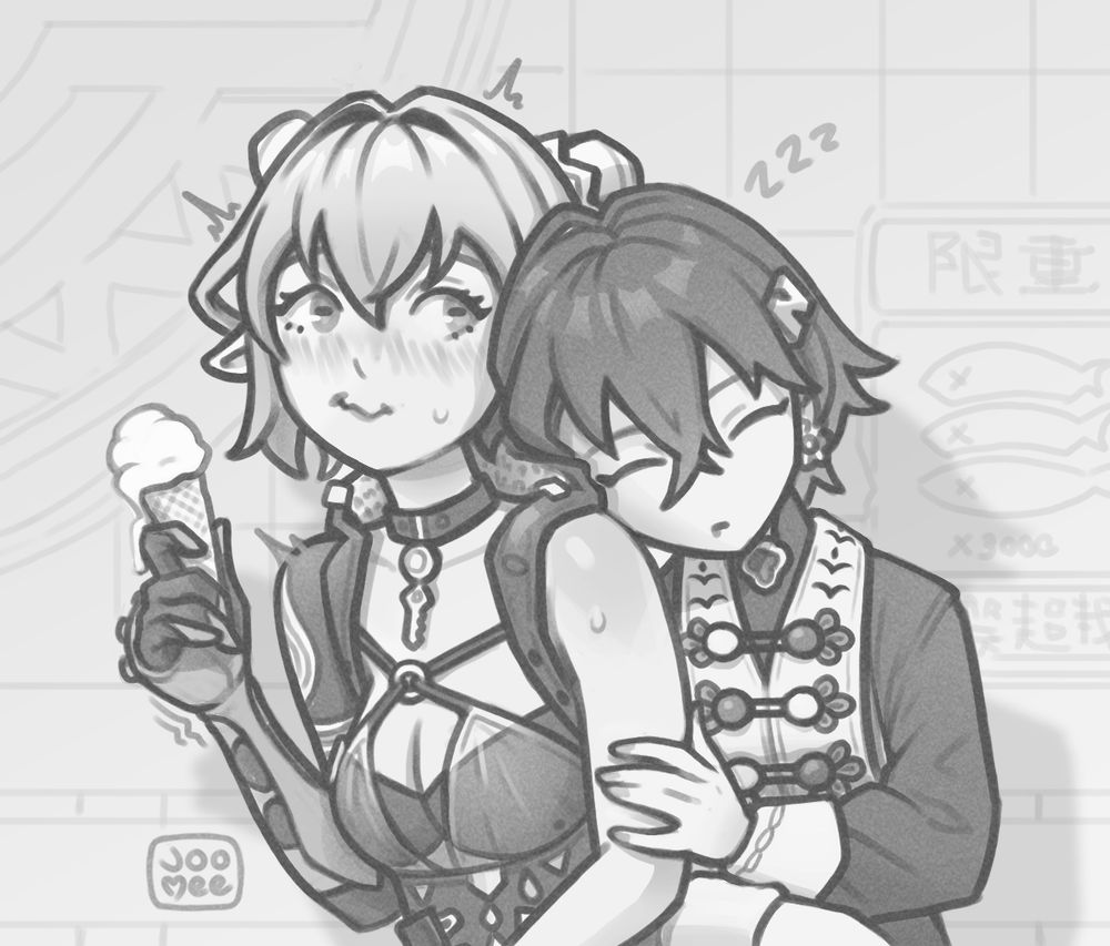 grayscale drawing lucia is holding an ice cream cone and smiling awkwardly as belle is leaning into her having fallen asleep mid-date. both are from zenless zone zero