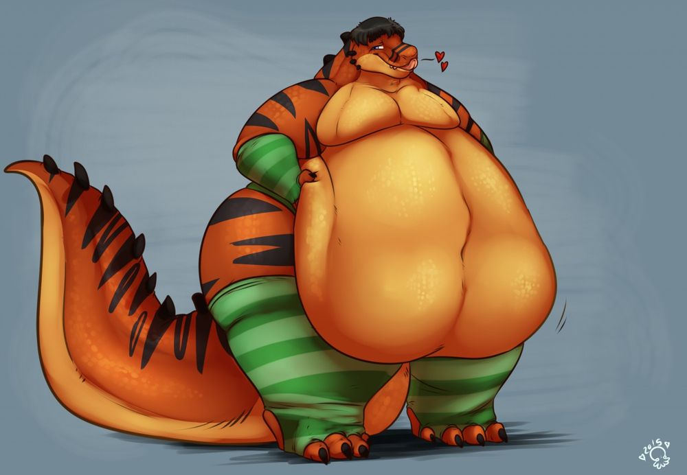 Borusa, a fat black-striped orange rex, sporting green-striped thong, stockings and arm-warmers, teasingly hefting their gut
#fatfur