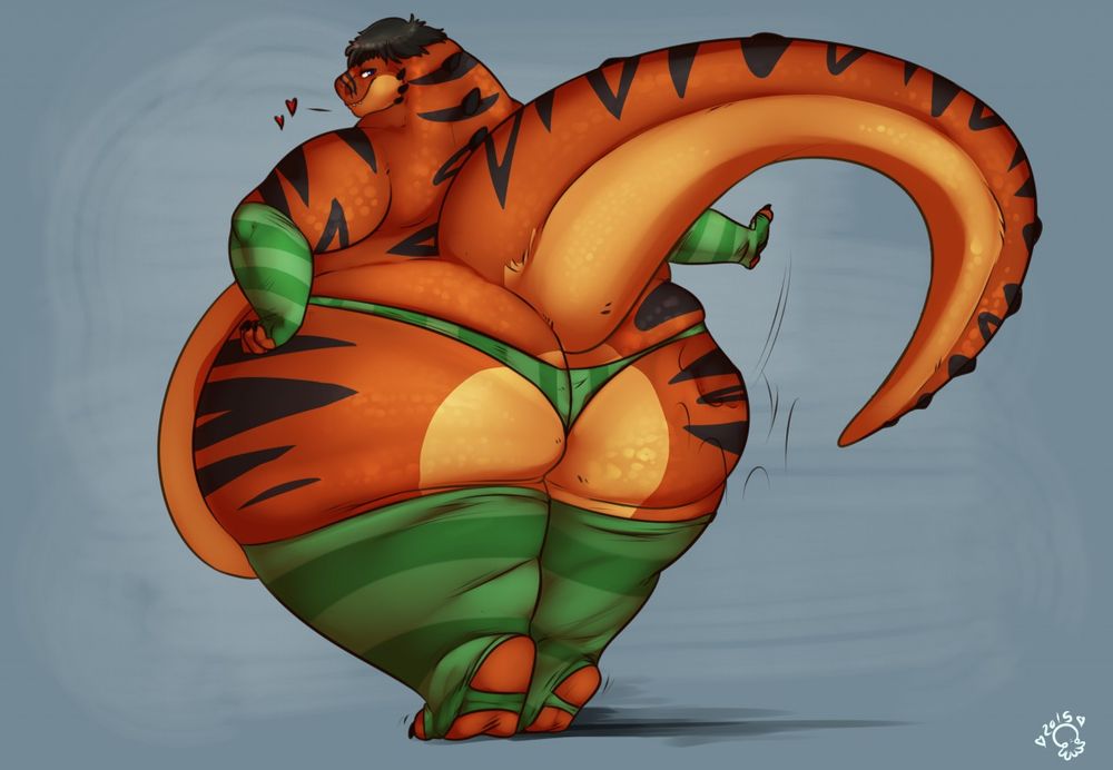 Borusa, a fat black-striped orange rex, sporting green-striped thong, stockings and arm-warmers, teasingly slapping their ass
#fatfur #butt