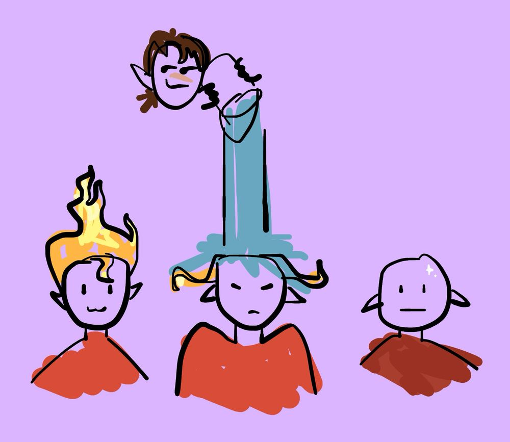 three cartoon doodles of tangotek: the first with fire hair and a little content cat face; the second has goodtimeswithscar pouring a bucket of water on tango's head; the third is a now bald, wet, and straight-faced tango. his bald head sparkles. 