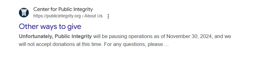 Unforunately, Public Integrity will be pausing operations as of November 30, 2024.