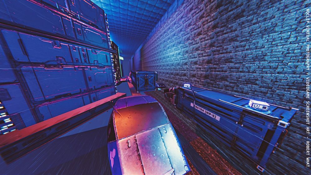 futuristic neon lit cars and freight containers all with strong dark blue tint