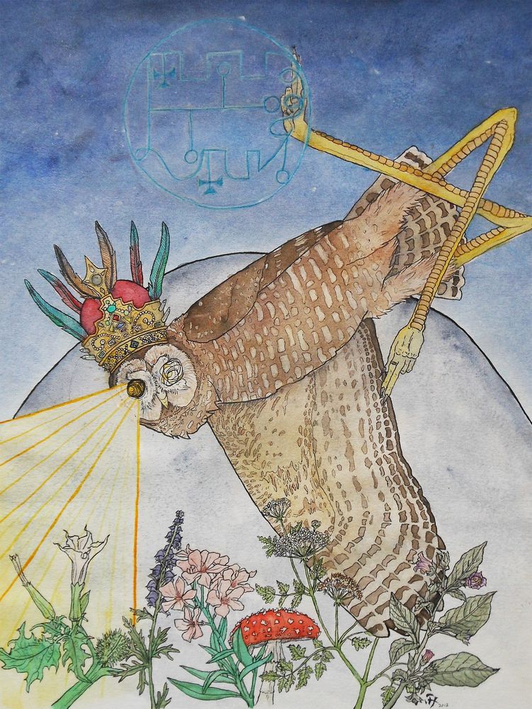 Prince Stolas of the Ars Goetia in crowned long legged owl form. Above him is his sigil, below his outstretched wing are poisonous plants: datura, monkshood, oleander, amanita, hemlock, and belladonna. 