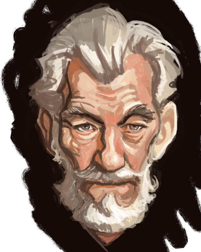Drawing of an old white man with white hair and a beard - Sir Ian McKellan.